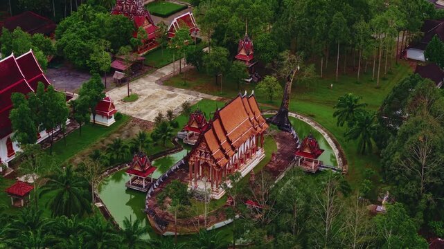 Aerial view Buddhism Wat Bang Riang Temple Ranong Thailand.