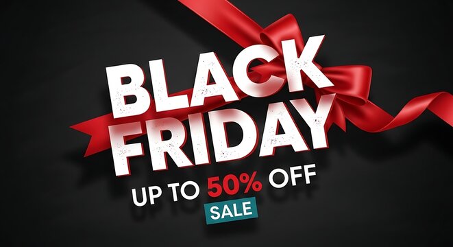 Black friday sale advertisement with red ribbon and discount offer