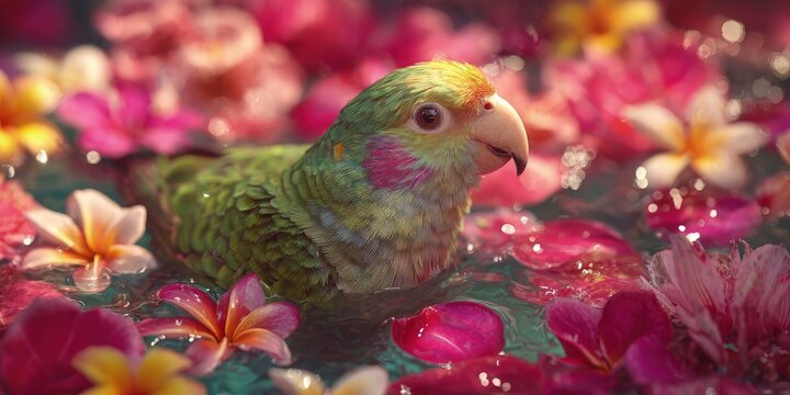Bright green parrotlet bathing among pink and yellow tropical flower petals in sunlit spa pool, soft bokeh background. Concept of playful luxury relaxation