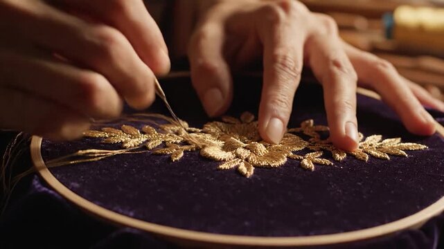 A close up view of a person using a needle to create intricate gold thread embroidery on a piece of dark purple velvet fabric