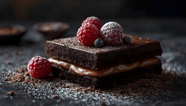 A decadent chocolate cake with raspberries and blueberries on top, surrounded by cocoa powder and sugar