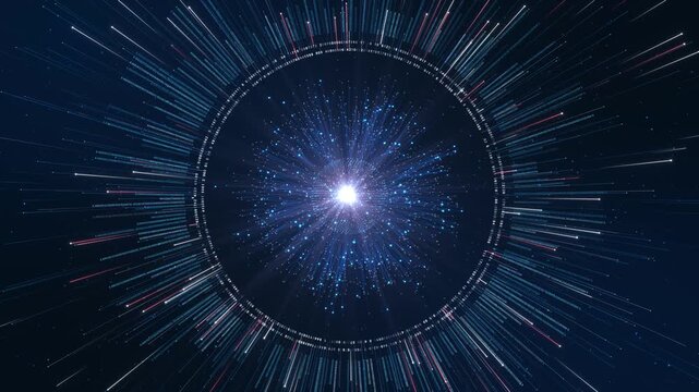 Abstract Big Data Explosion Sphere with Digital Particles light emitting digital data streams particles in a circular burst. Perfect for big data visualization, cloud computing, fiber optic network