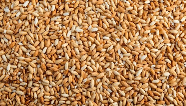 A close-up view of a pile of wheat grains with varying shades of brown and white