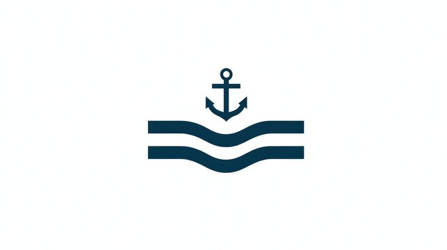 Simple illustration of a dark blue anchor atop two wavy, parallel lines on white