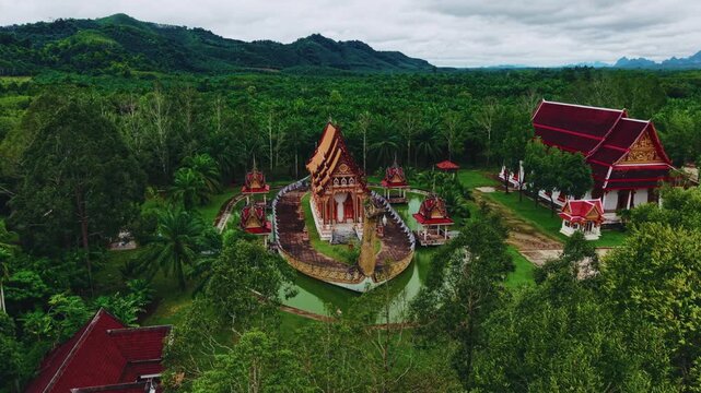 Buddhism Wat Bang Riang Temple, Ranong traditional religion of Thailand, Aerial view.