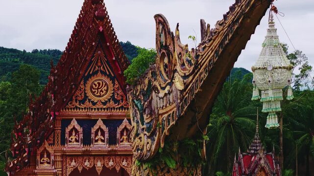 Buddhism Wat Bang Riang Temple sunset, aerial top view, Ranong Thailand.