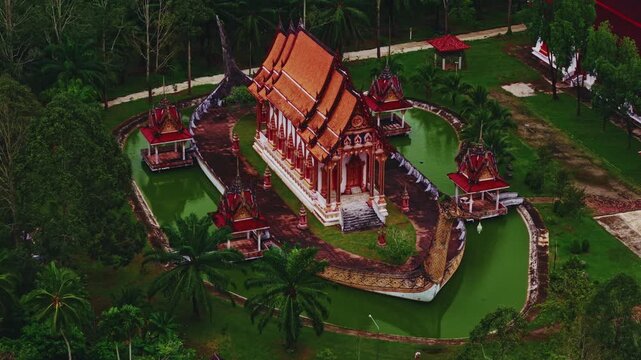 Buddhism Wat Bang Riang Temple sunset, aerial top view, Ranong Thailand.