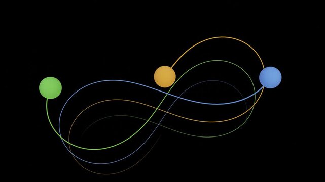 Vivid motion trails swirl around three glowing spheres
