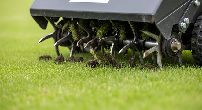 Core lawn aerator machine working on green grass, pulling soil plugs to improve turf health and garden maintenance.