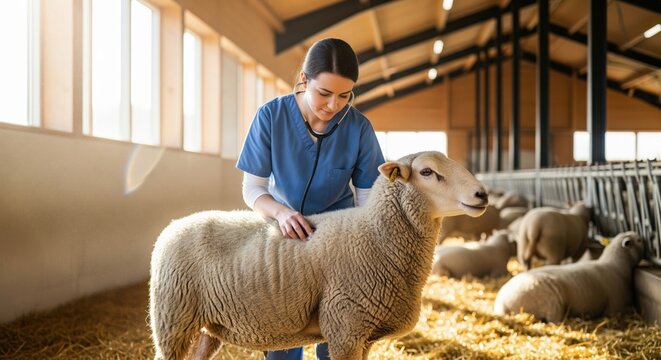 Female veterinarian in scrubs examining sheep with stethoscope in bright modern barn, livestock healthcare and farm animal care