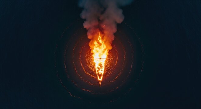 Dramatic aerial top view of burning Viking longship on dark water with fire and smoke at night, ritual ceremony concept