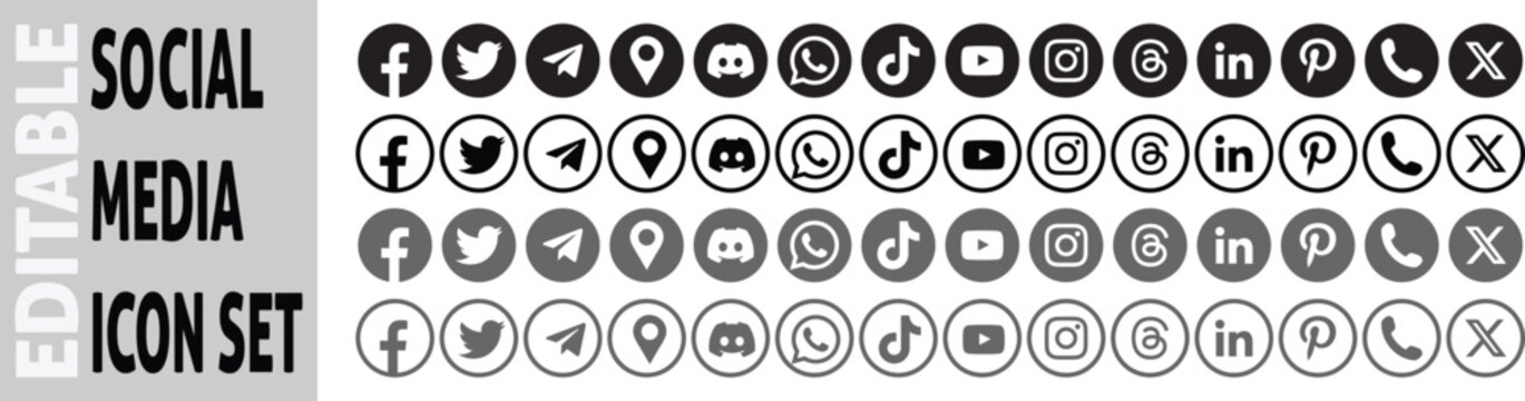 Vector art of editable social media icon set with various platform logos