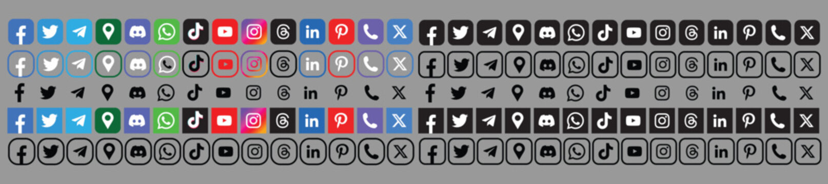 Vector art of collection of various social media and messaging app icons on gray background