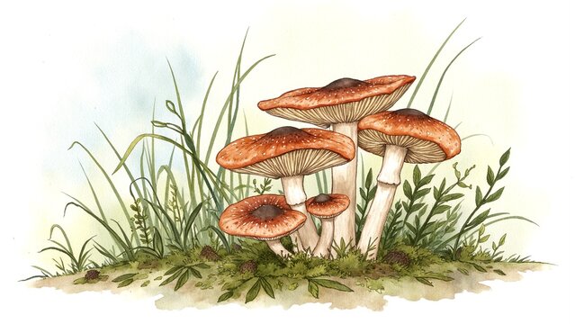 Hand-Drawn Parasol Mushroom Botanical Illustration in Forest