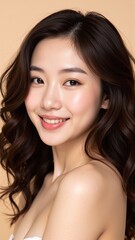 Obraz premium Radiant Asian Beauty with Curly Hair and Korean Glow-Up Portrait