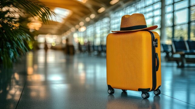 Orange suitcase with hat in airport