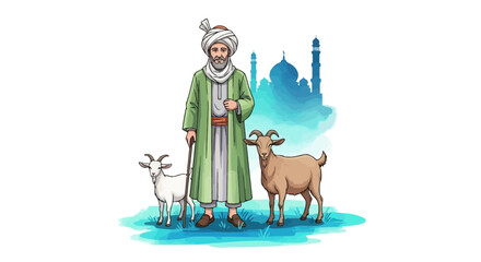 Naklejka premium Traditional Middle Eastern man with goats and Islamic architecture in the background, illustration