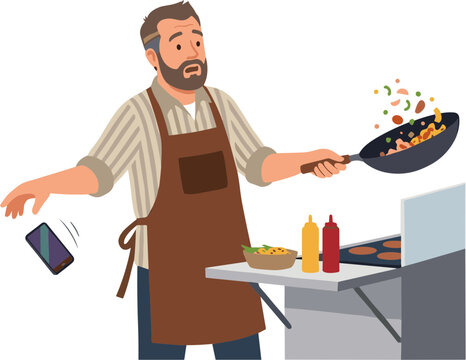 Man frantically cooking food in kitchen while answering phone call