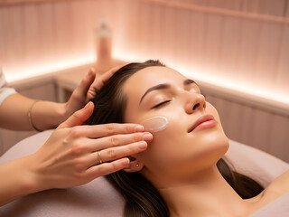 Naklejka premium Woman receiving facial skincare treatment with cream application spa relaxation