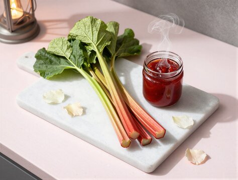 Fresh rhubarb stalks with steaming jam on marble board