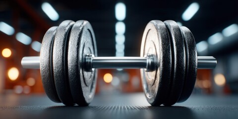 Fototapeta premium Close-up of a barbell on a bench press in a gym with a blurry background