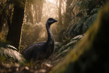 Prehistoric tropical close-up ground-level cinematic shot of a feathered Gallimimus  © DejaReve