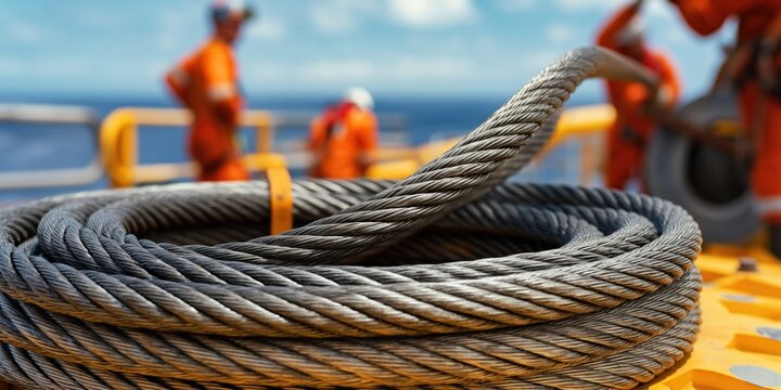 Close-up of heavy-duty steel cable coiled on an offshore platform with workers in the background