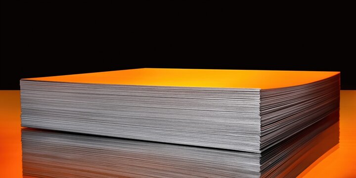 Stack of 2mm stainless steel sheets with orange lighting and reflection