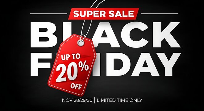 Black friday super sale advertisement with red tag and bold typography