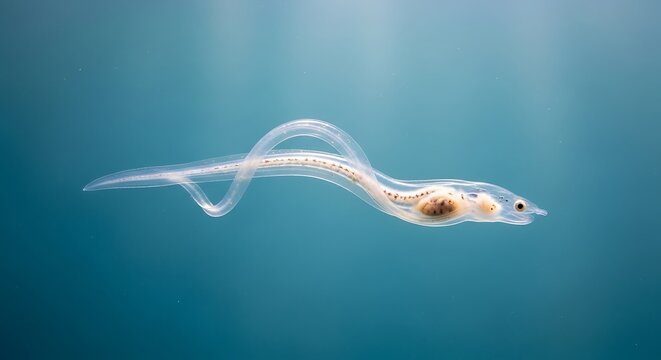 Transparent Glass Eel Swimming Gracefully in Blue Water, Underwater Marine Life.
