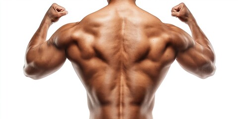 Obraz premium Close-up of a muscular Caucasian man's back and biceps flexing on a white background