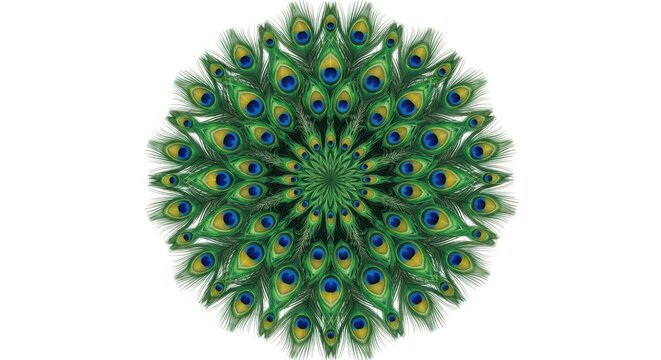 Vibrant peacock feathers form stunning circular pattern