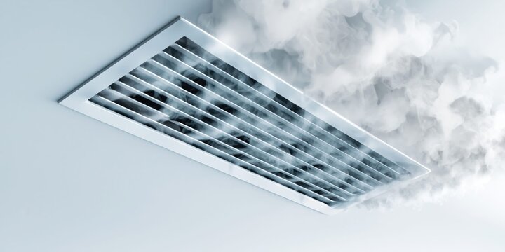 Visible air flow from a modern ceiling air conditioning vent with white smoke effect