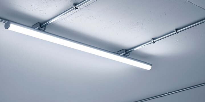 Modern LED tube light fixture mounted on a textured ceiling with conduit piping