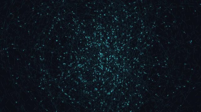 Macro-scale particle fabric undergoes quantum superposition, creating cyan ghost nodes in a dark void. Visualizes probabilistic computing. Designed for AI and cloud infrastructure content.