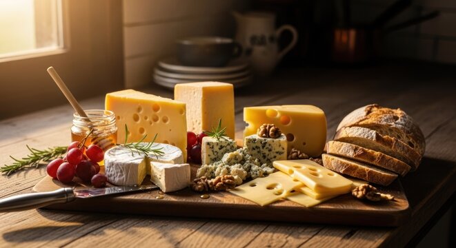 Artisan Cheese Board Selection with Bread and Grapes.