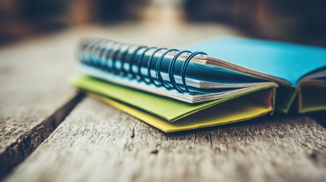 Vibrant blue and green spiral-bound notebook open on a textured wooden surface, perfect for capturing ideas and plans.