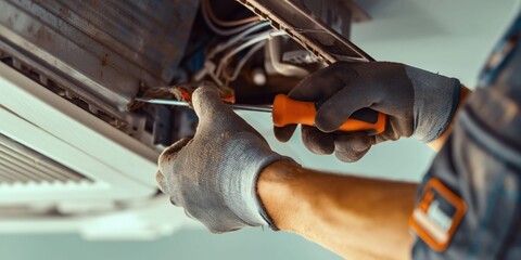 Fototapeta premium HVAC technician wearing gloves uses a screwdriver to repair an air conditioner unit