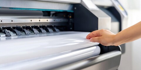 Fototapeta premium Close-up of a hand guiding a vinyl sheet through a large format printer