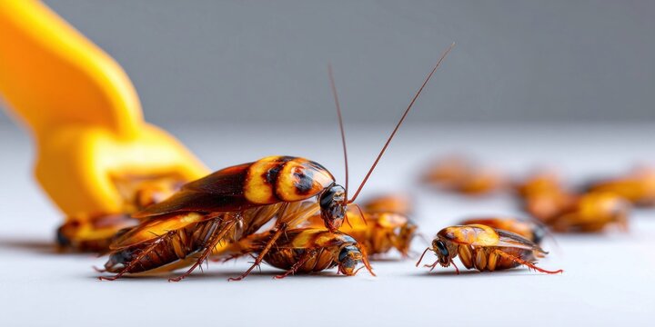 Close-up of American cockroaches gathered on a white surface with a yellow object