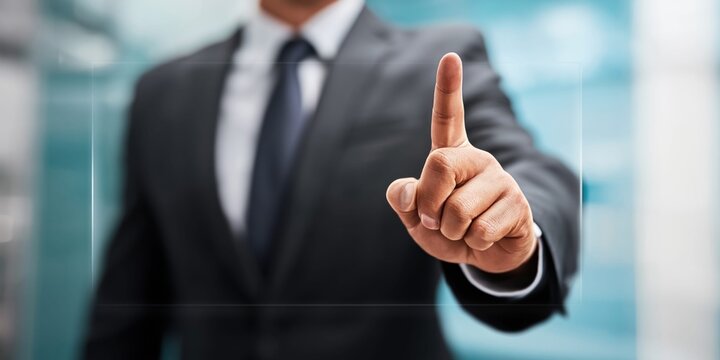 Businessman in suit pointing finger at transparent screen for digital interaction