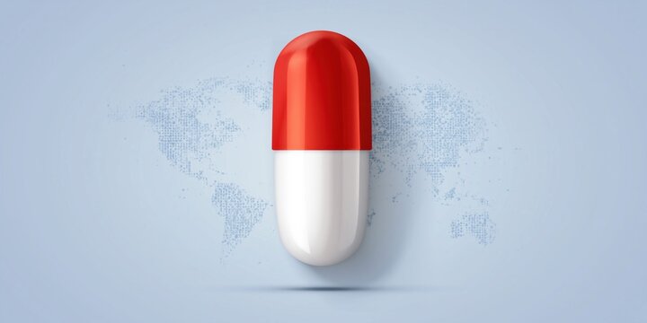 Global pharmaceutical research and development with a prominent capsule on world map