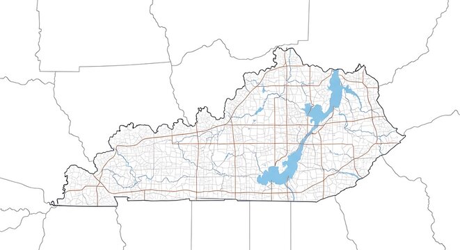 Outline of kentucky state depicting rivers lakes and surrounding states