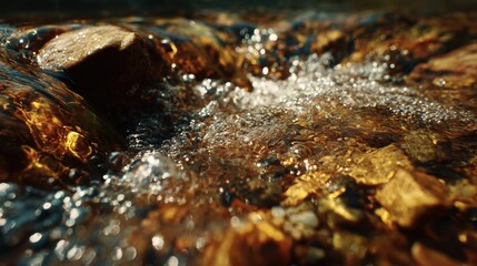Obraz premium Sunlit clear spring water flowing over smooth river stones in a tranquil natural environment