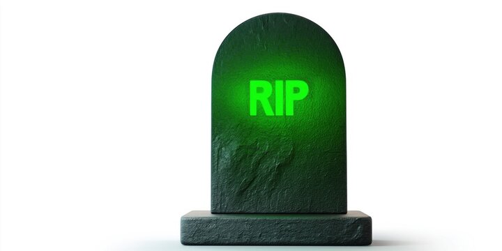 A dark, textured tombstone with glowing green RIP letters on a white background