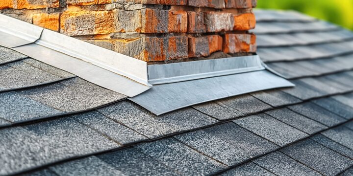 Close-up view of new roof flashing installed around a brick chimney