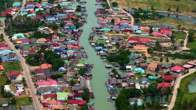 Aerial view Fishing village in khao sam roi yot national park, Thailand.