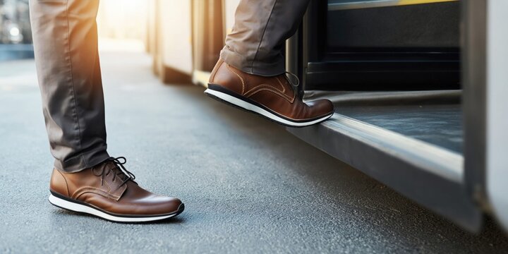 Man in brown dress shoes stepping onto a bus, close-up on footwear and pavement