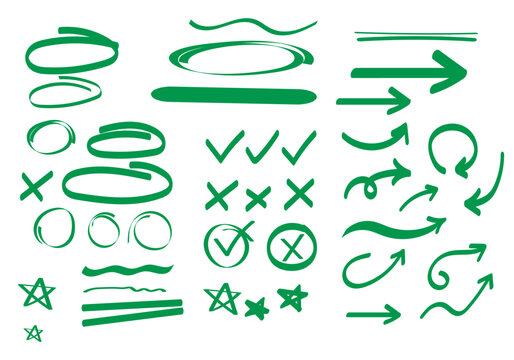 Line marker highlight, arrow, check mark red set. Line red marker hand drawn pen brush stroke underline check. Star oval sticker sign note scribble emphasis icon element. Vector illustration