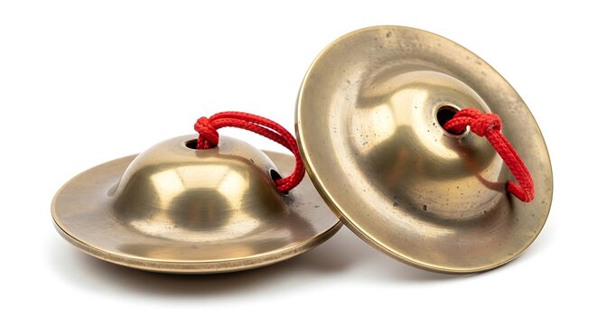 Two traditional finger cymbals with red cords on a white surface